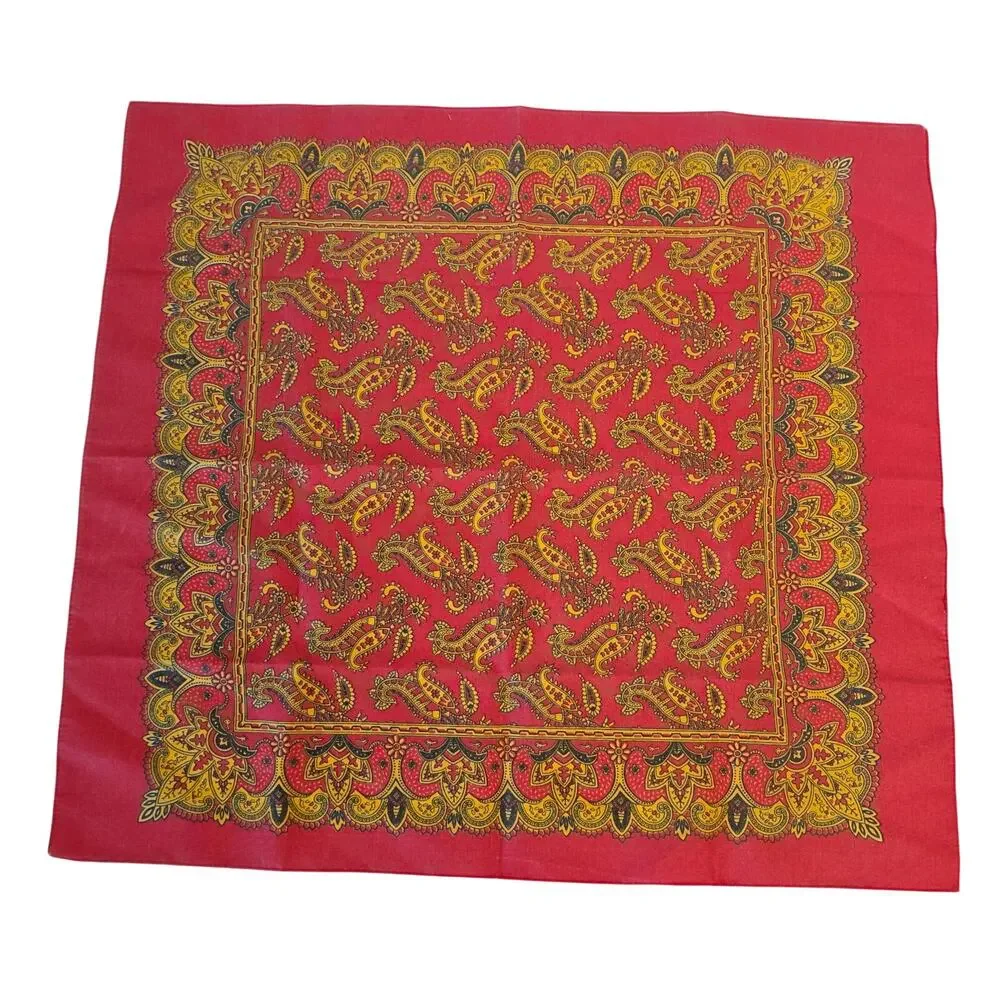 Vintage Red Ornate Paisley Calico Cotton Bandana Single Selvedge